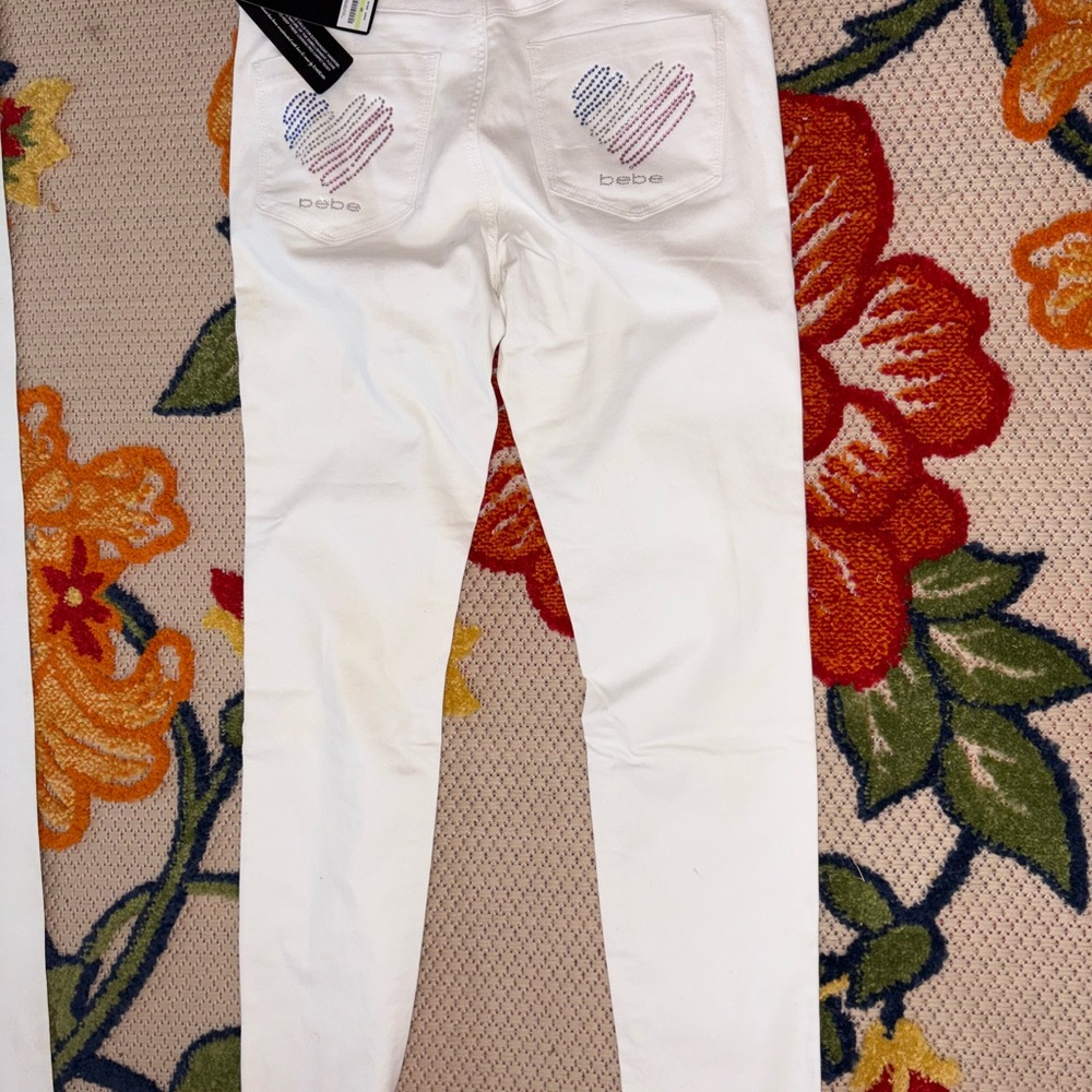 Bebe White Denim with Rhinestone Heart